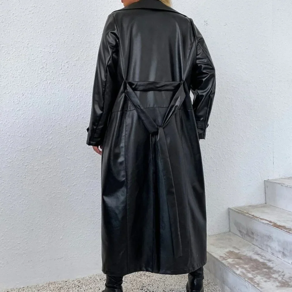 PLUS SIZE BLACK PU LEATHER COLLAR BELTED TRENCH COAT - Picture 7 of 7